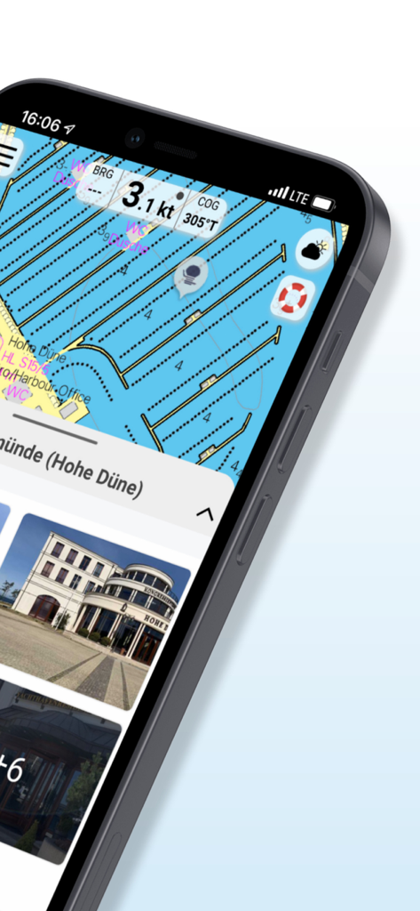 Interfaz de la aplicación NV Charts mostrando cartas náuticas e información del puerto