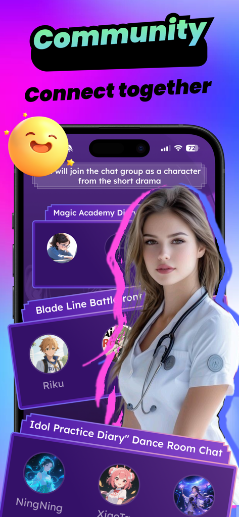 Coschat - Adult Hot Chat - Interface do aplicativo Coschat mostrando diferentes grupos de chat de IA da comunidade e avatares de personagens, incluindo uma enfermeira e personagens de anime.