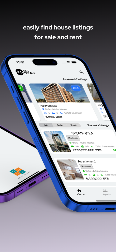 Bet Delala - Bet Delala mobile app interface displaying residential and commercial property listings for sale and rent in Ethiopia
