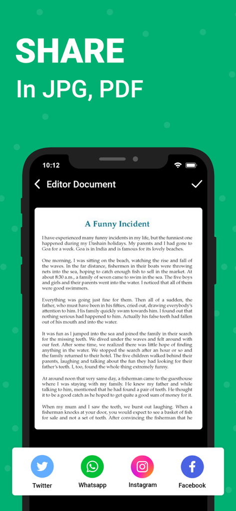 Interface mobile montrant les options de partage d'un document numérisé au format PDF ou JPG via des applications de médias sociaux comme Twitter et WhatsApp.