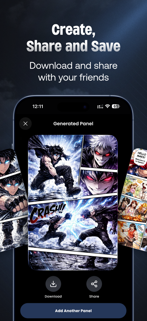 Mangii: AI Manga & Anime Art - Interface of the Mangii app showing a generated manga panel with options to download share and add another panel