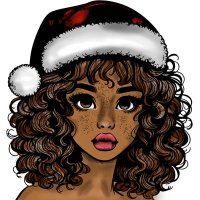 realistic girl with a santa hat curly hair and lips