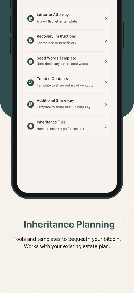 복구 지침 및 시드 문구 템플릿을 포함한 상속 계획 도구를 보여주는 비트코인 키퍼 앱 스크린샷