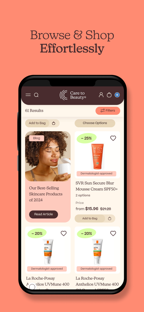 Interface de l'application Care To Beauty montrant une liste de produits de soins dermatologiques avec des réductions et un article de blog.