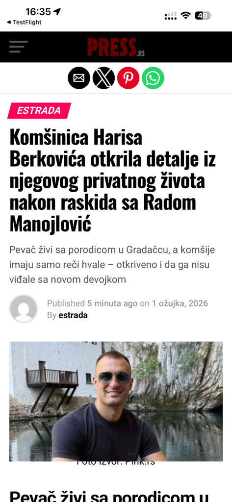 Press RS - Press RS mobile app showing a Serbian entertainment news article