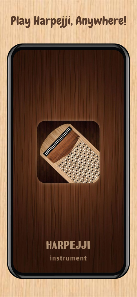 Harpejii Instrument - Pantalla de inicio de la aplicación móvil Harpejji Instrument con un fondo de textura de madera