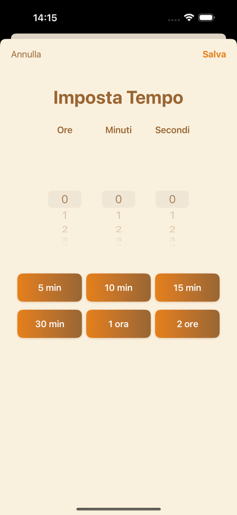 Interfaz para establecer el tiempo de preparación y fermentación en la aplicación Pizzafy