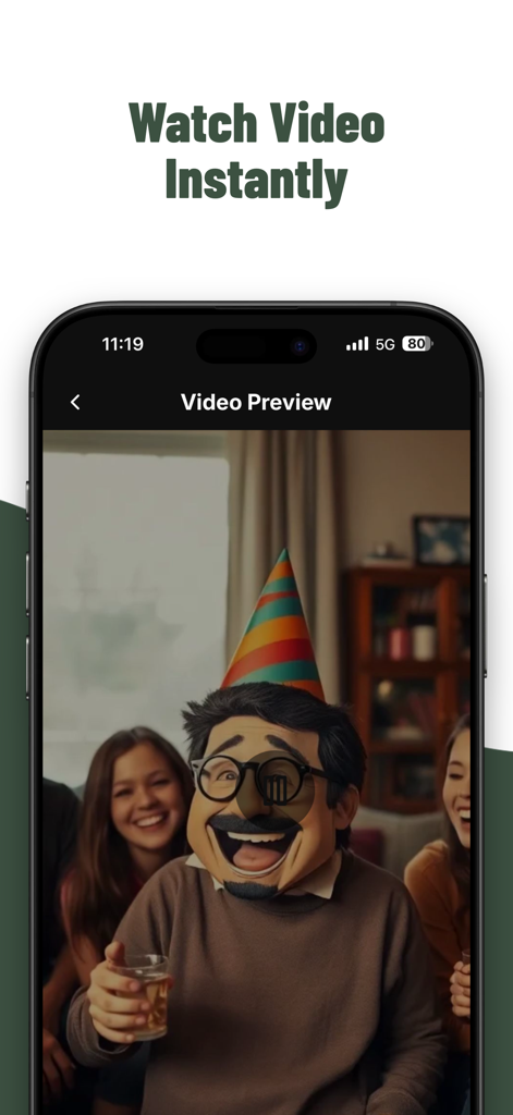 AI Video Maker : AutoAIShorts - Smartphone screen showing a video preview of an AI-generated character within the AutoAI Shorts app.