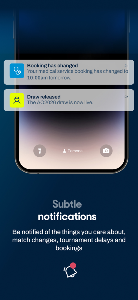 Smartphone lock screen displaying push notifications for tournament draw release and medical booking updates from the AO Player app