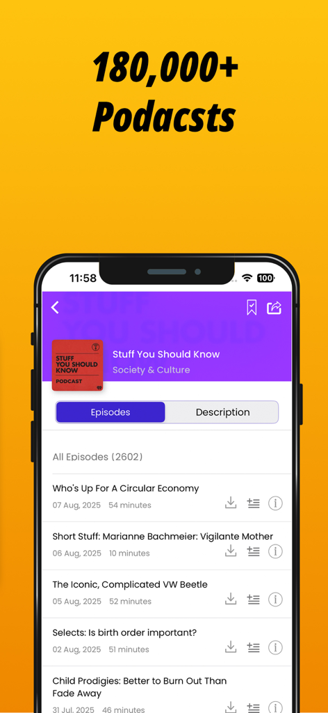 Radio FM: Music, News & Sports - Radio FM app interface showing a list of podcast episodes from Stuff You Should Know