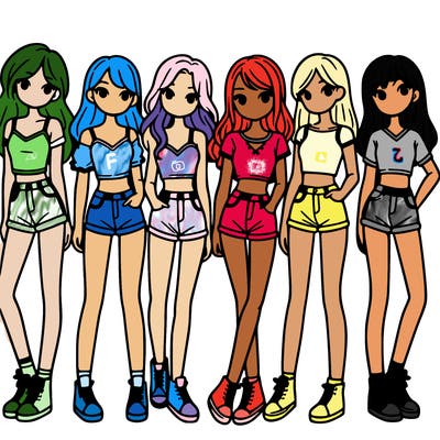 a group of girls wearing crop tops and shorts