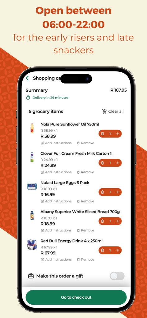 Zulzi mobile app shopping cart displaying grocery items and a checkout button