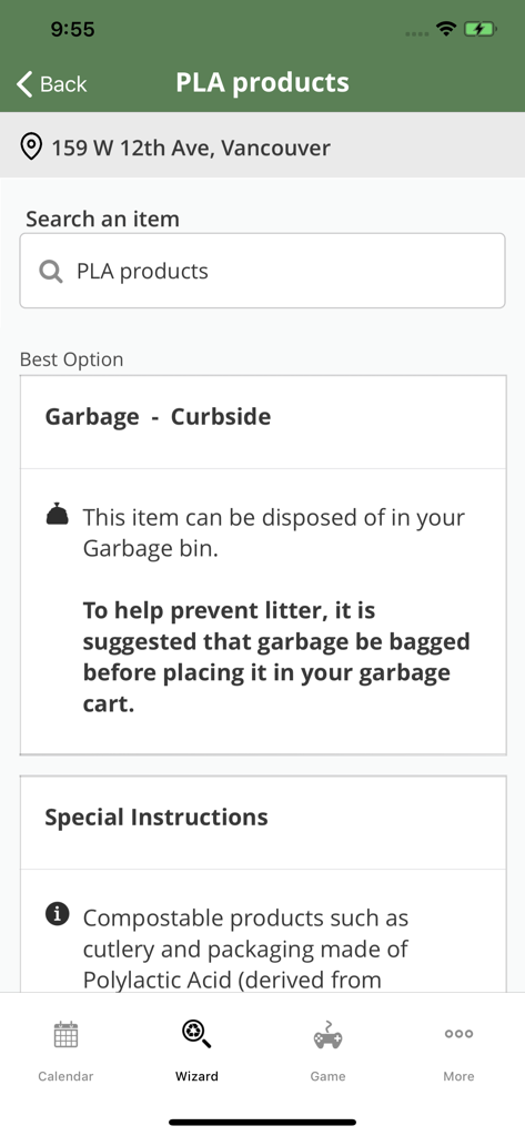VanCollect app search results for PLA products showing curbside garbage disposal instructions