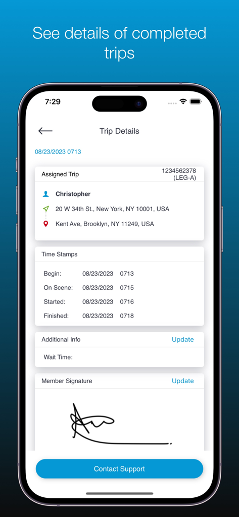 NEMT Max - NEMT Max app screen displaying completed trip details with time stamps and member signature.