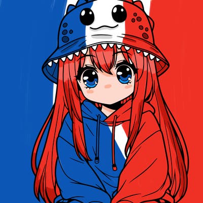 girl with anime shaped eyes with a dinosaur bucket hat oversized sweatshirt long straight hair