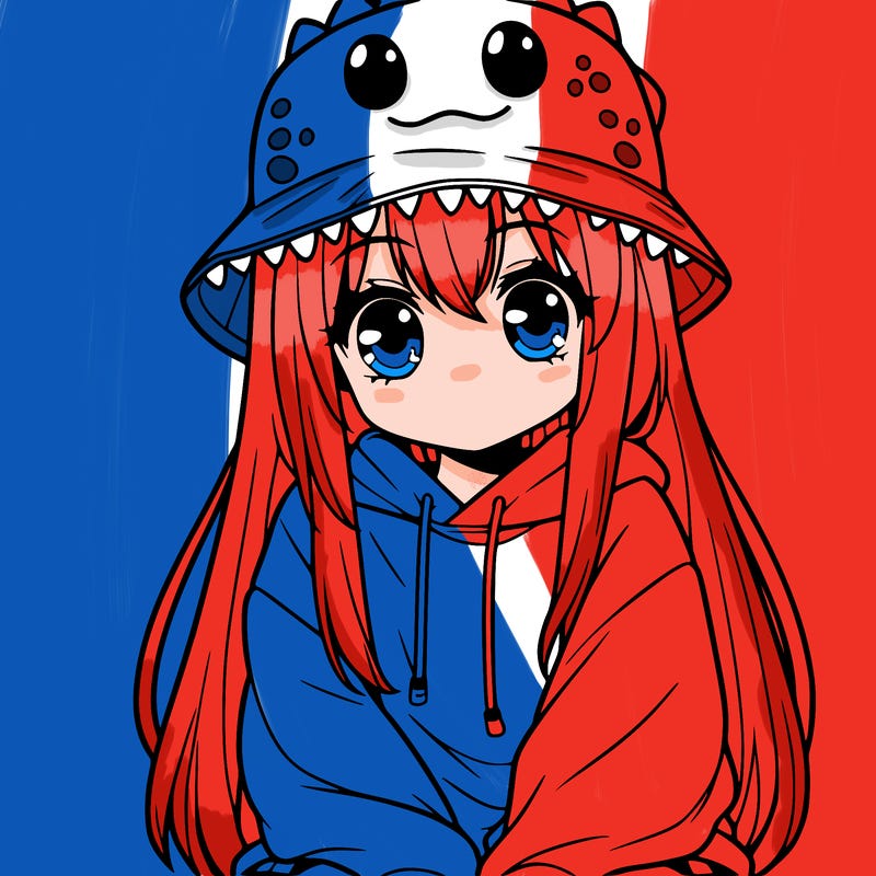 girl with anime shaped eyes with a dinosaur bucket hat oversized sweatshirt long straight hair