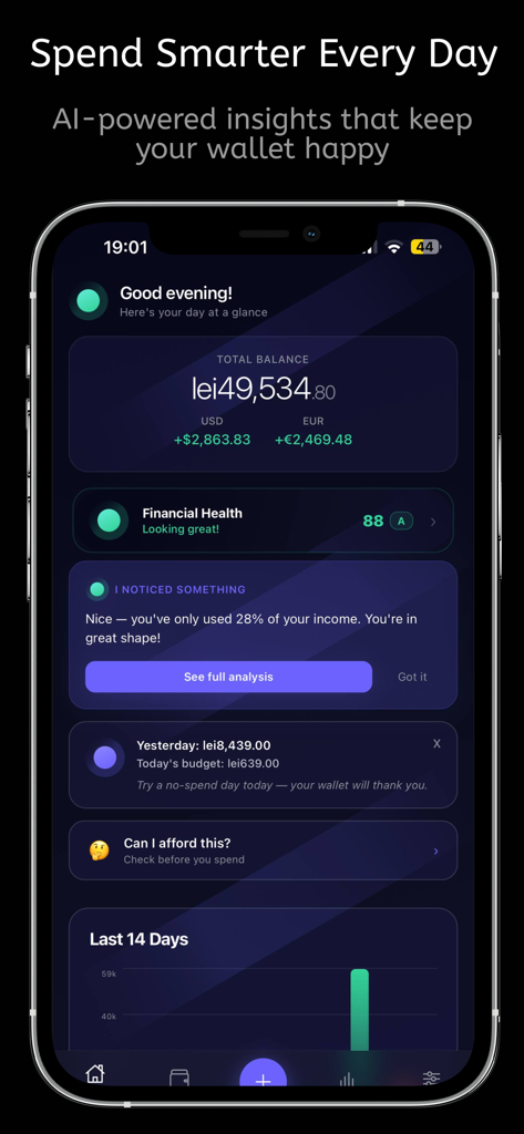 Expense & Budget Tracker: Lumi - Lumi mobile app dashboard showing financial health score and AI spending insights