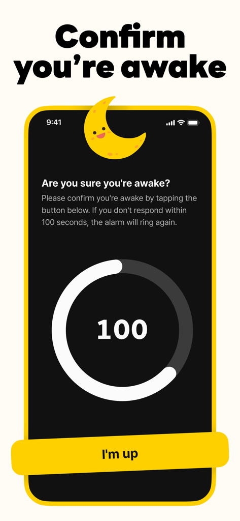 SuperAlarm app interface showing the wake up check screen with a countdown timer and an I'm up button to prevent oversleeping.