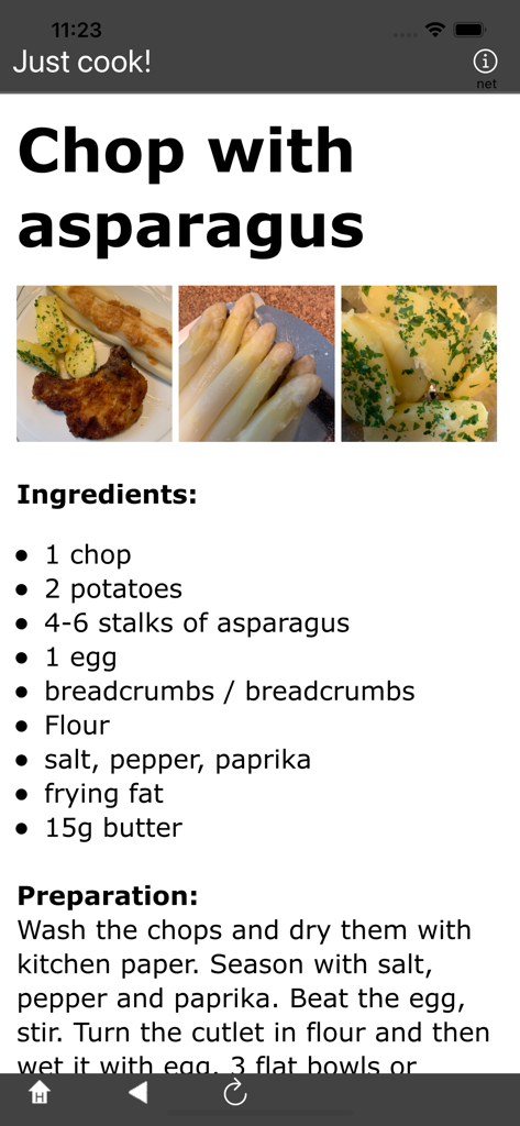 Detailed recipe for chop with asparagus in the Just cook app