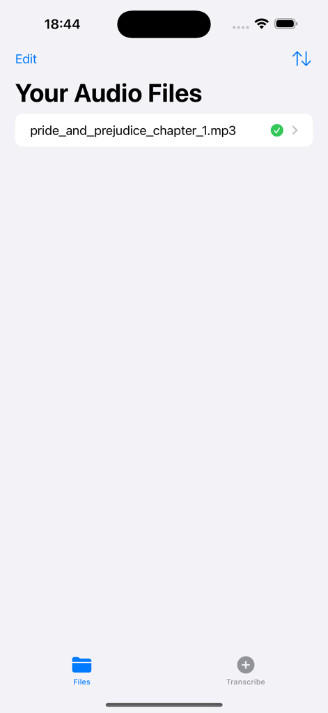 AudioScript - AudioScriptアプリインターフェース、オンデバイス文字起こし用のオーディオファイルリストが表示されています。