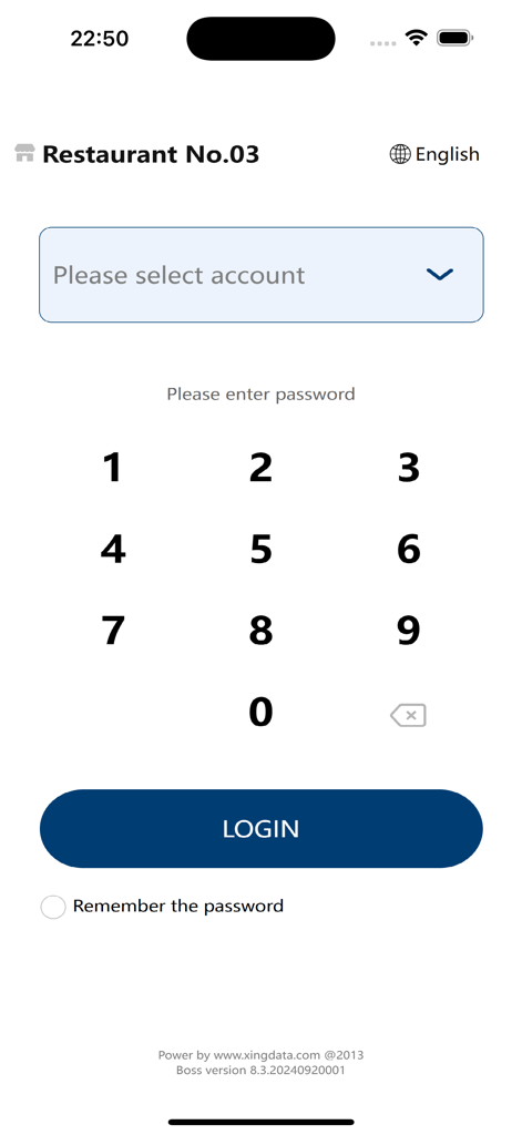 TK Boss restaurant management app login screen with numeric keypad