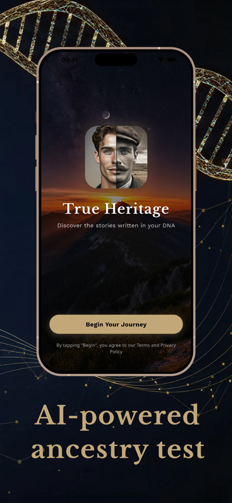 True Heritage & Ancestry DNA - True Heritageアプリのホーム画面、AI搭載の家系図テストと遺産発見の旅が表示されています