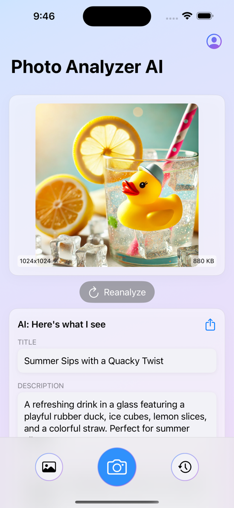 Photo Analyzer AI app screen showing AI generated title and description for an image