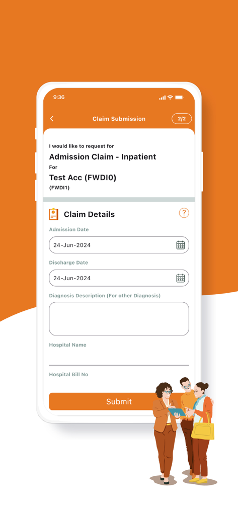 FWD HealthHub mobile app claim submission interface for inpatient medical admission showing date and hospital fields