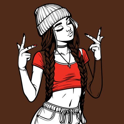 realistic teenage girl with braids and a beanie and crop top doing 🫶🏼