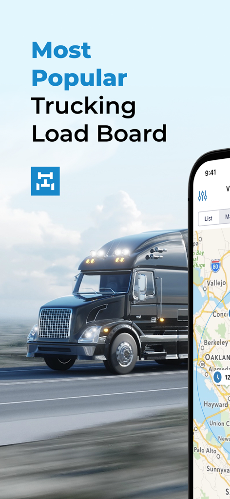 Trucker Path Load Board app screen with a semi truck and a mobile freight map