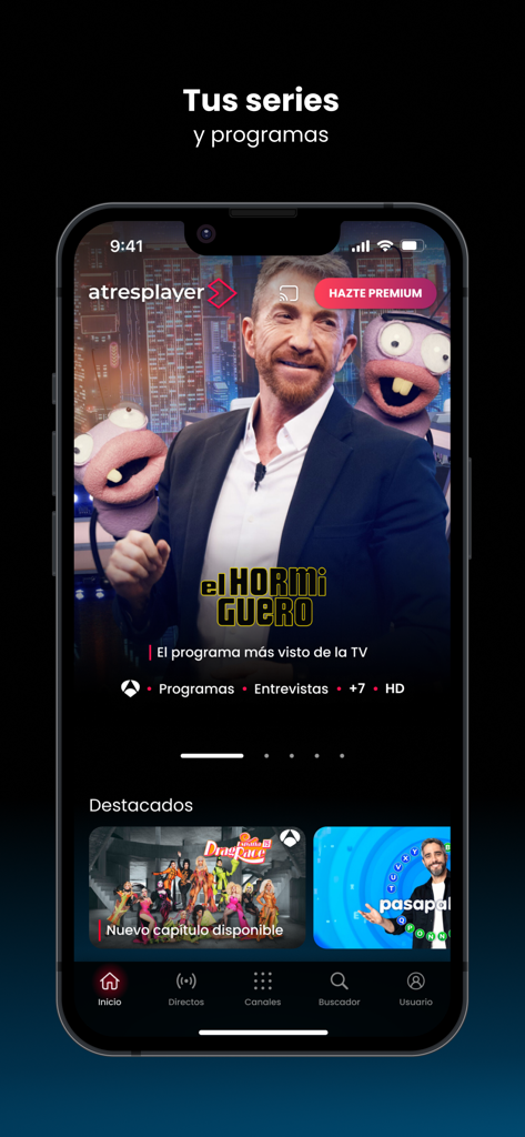 atresplayer: Series y Noticias - Oberfläche der atresplayer Mobile App, die vorgestellte spanische Fernsehprogramme wie El Hormiguero und Drag Race Espana zeigt