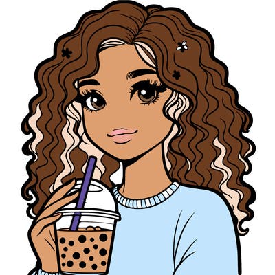 pretty teenager curly hair drinking boba