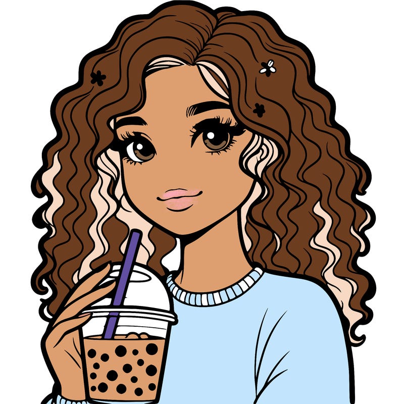 pretty teenager curly hair drinking boba