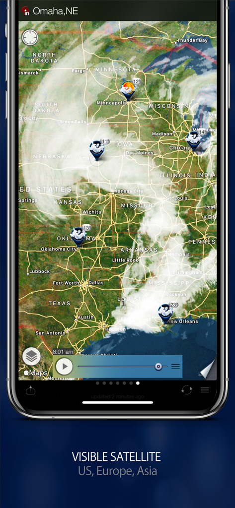 Visible satellite map displaying real time cloud cover over the United States on the Radar MAX weather app interface