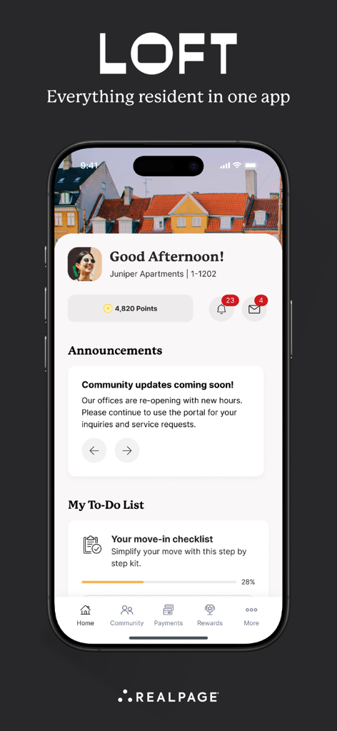 LOFT Living - Dashboard dell'app residente LOFT Living che mostra premi e annunci
