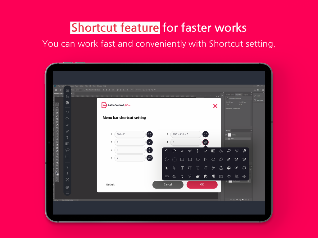 EasyCanvas -Graphic tablet App - EasyCanvas-Shortcut-Einstellungsmenü auf einem iPad für den Workflow der digitalen Illustration