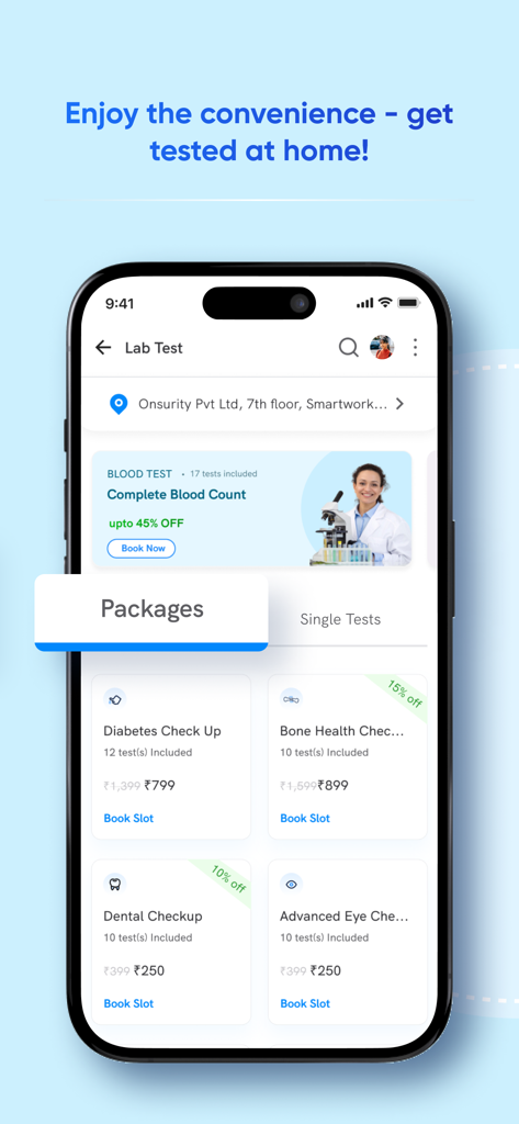 Onsurity - Employee Healthcare - Onsurityアプリのモバイル画面。糖尿病や歯科検診を含むさまざまな割引価格の検査パッケージが表示されています。