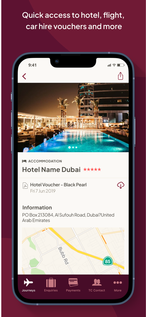 myTC - Travel Counsellors - myTC app displaying luxury hotel booking details with downloadable vouchers and map