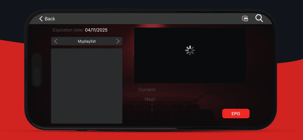 Interface do player IPTV The Spider HD em um dispositivo móvel mostrando uma tela de carregamento de vídeo com opções de playlist e EPG.