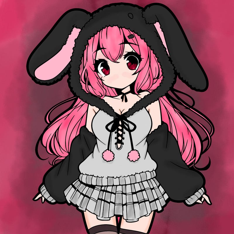 pretty anime girl wearing a fluffy hoodie with bunny ears on the hood and a skirt