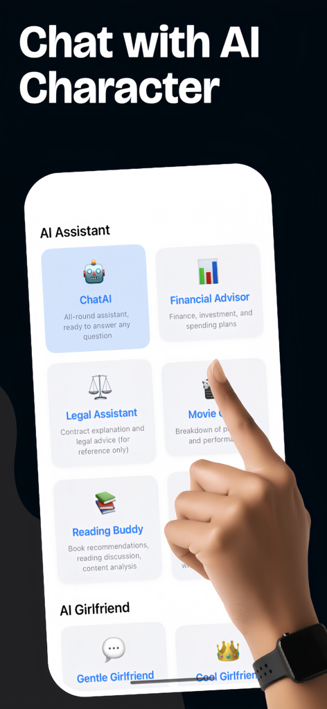 Mobile app screen of ChatAIPro displaying various AI personas for assistance and companionship.