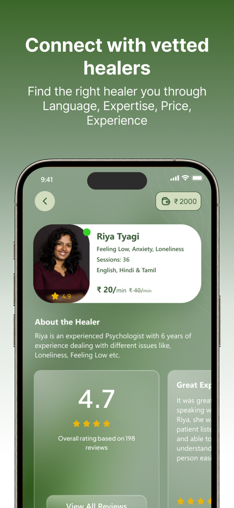 Ein Profil eines geprüften Heilers in der Lenon-App mit Experteninformationen, Bewertungen und Rezensionen.