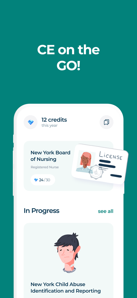 New York Child Abuse Training - Mobile app interface for New York Child Abuse Training showing continuing education credits and course progress for a Registered Nurse
