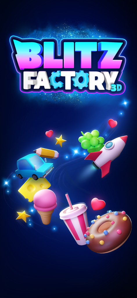 Blitz Factory 3D - Blitz Factory 3D game title with colorful floating icons like a donut rocket and toy car
