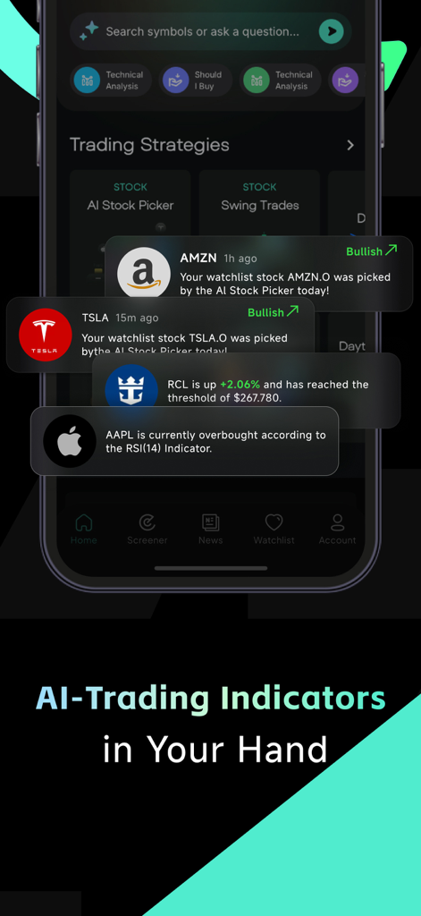 Interface de l'application Intellectia montrant des alertes et des indicateurs de trading d'actions IA en temps réel sur un écran mobile