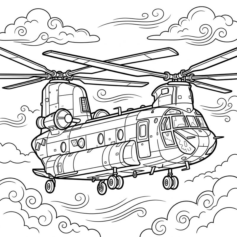 Prepare for an aerial adventure with this captivating Tandem Rotor Helicopter coloring page. Featuring a detailed aircraft with its signature dual rotors, it promises hours of creative fun.