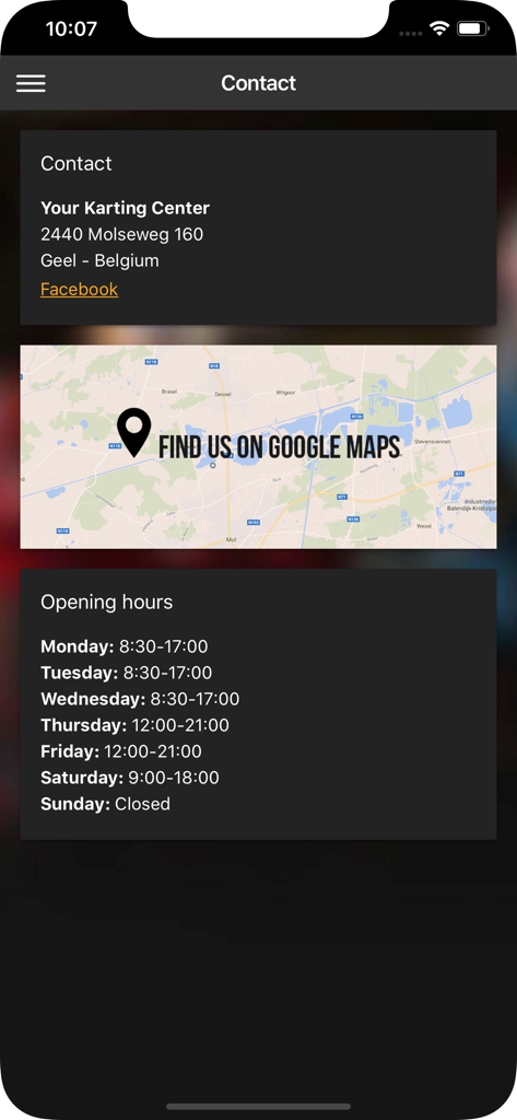 Tela de contato do aplicativo Activity Box mostrando endereço e horário de funcionamento de um centro de kart