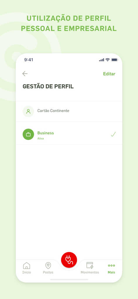 Continente Plug&Charge - Schermata di gestione del profilo nell'app Continente Plug and Charge che mostra le opzioni di profilo personale e aziendale