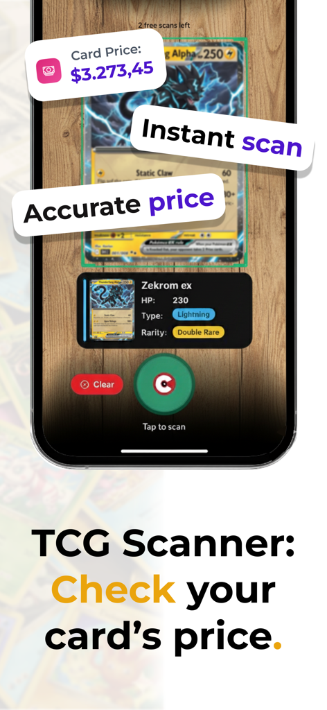 TCG Collector & Card Scanner - Smartphone scanning a Pokemon card to display its real time market price and rarity details