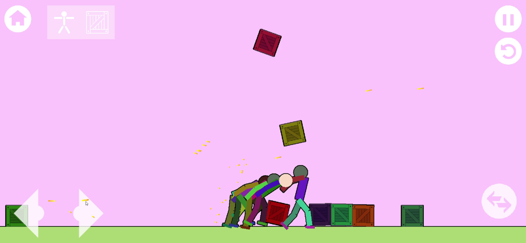 Geo People Ragdoll Playground - Multiple stickman ragdolls interacting with falling crates in a physics sandbox
